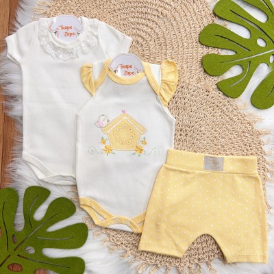 Conj. de Malha 3 peças - Casinha de Passarinho - Amarelo e Off White